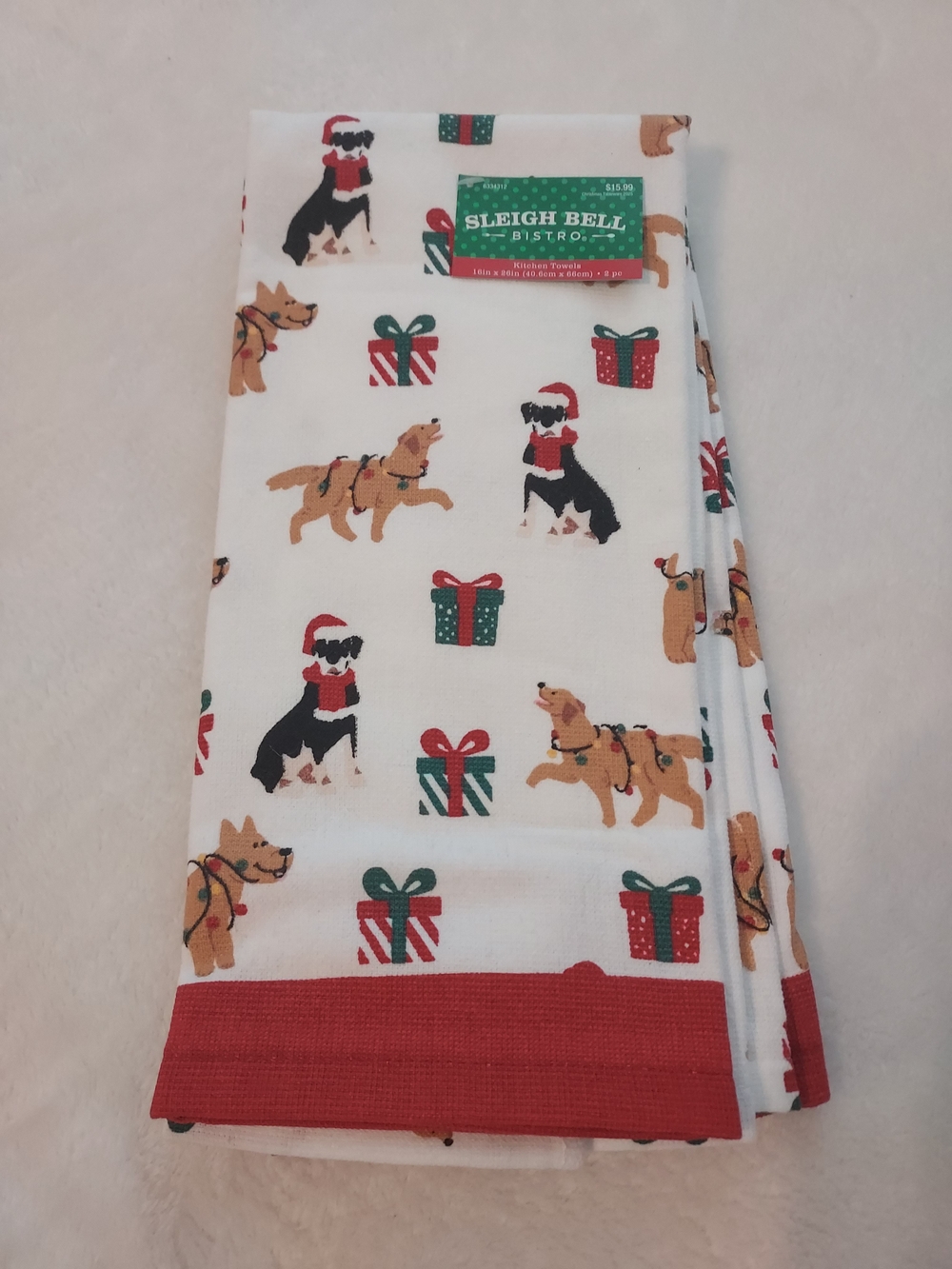 Sleigh Bell Bistro 2 Quirky Fun Holiday Dog Novelty Print Kitchen Towels Festive